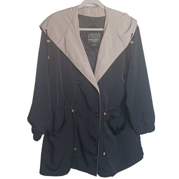 Vintage American Bazaar Medium Black & Beige Nylon Jacket Coat with hood - Picture 1 of 4